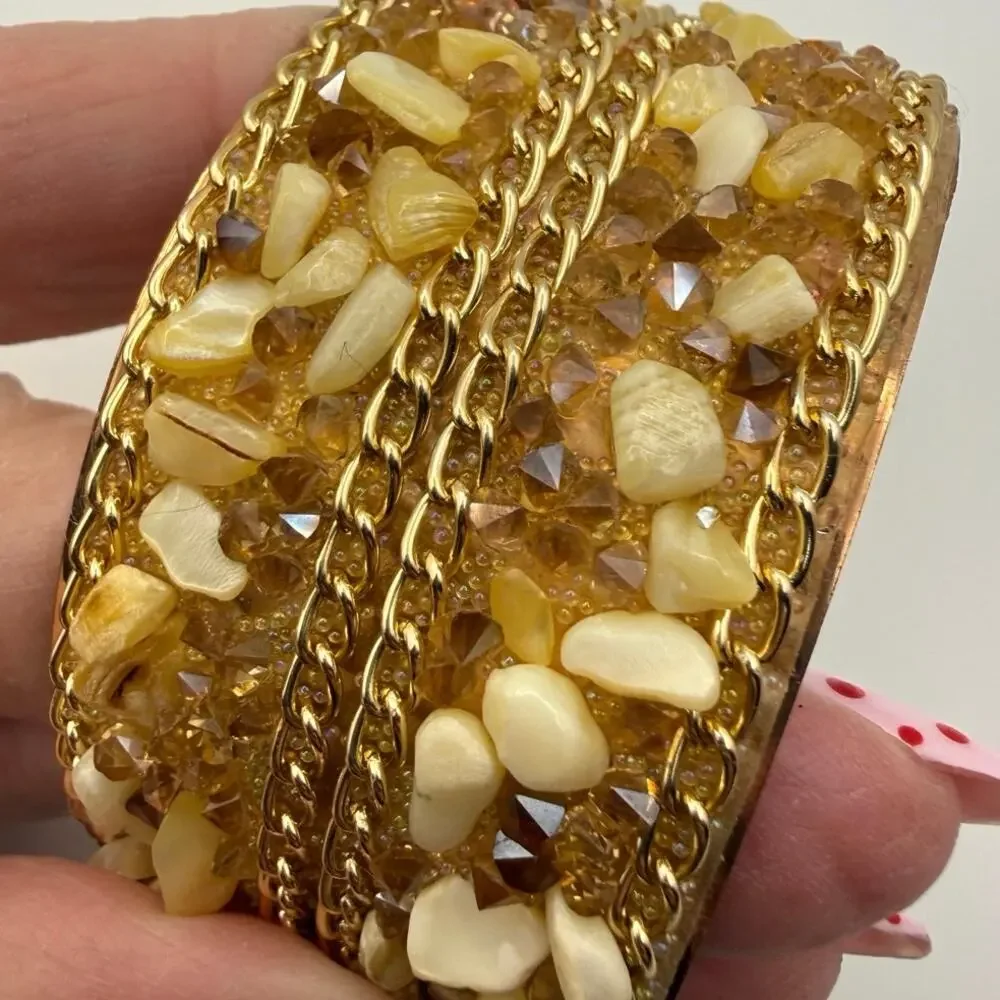 Vintage Gold‑Tone Beaded Bangle • Cream Resin & Amber Rhinestones • 2.75” Diam - Picture 3 of 9